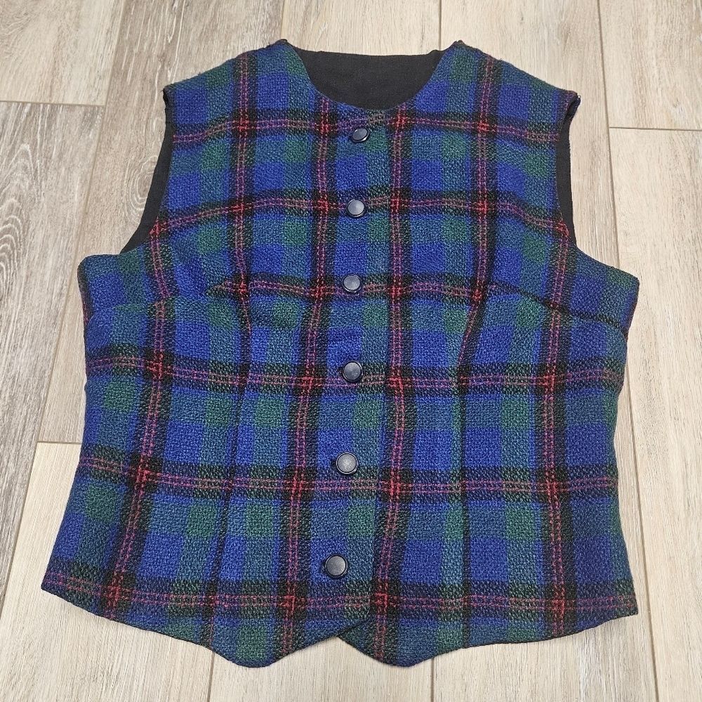Vintage Tartan Plaid Wool Blend Vest Women's Medium Christmas Classic Retro